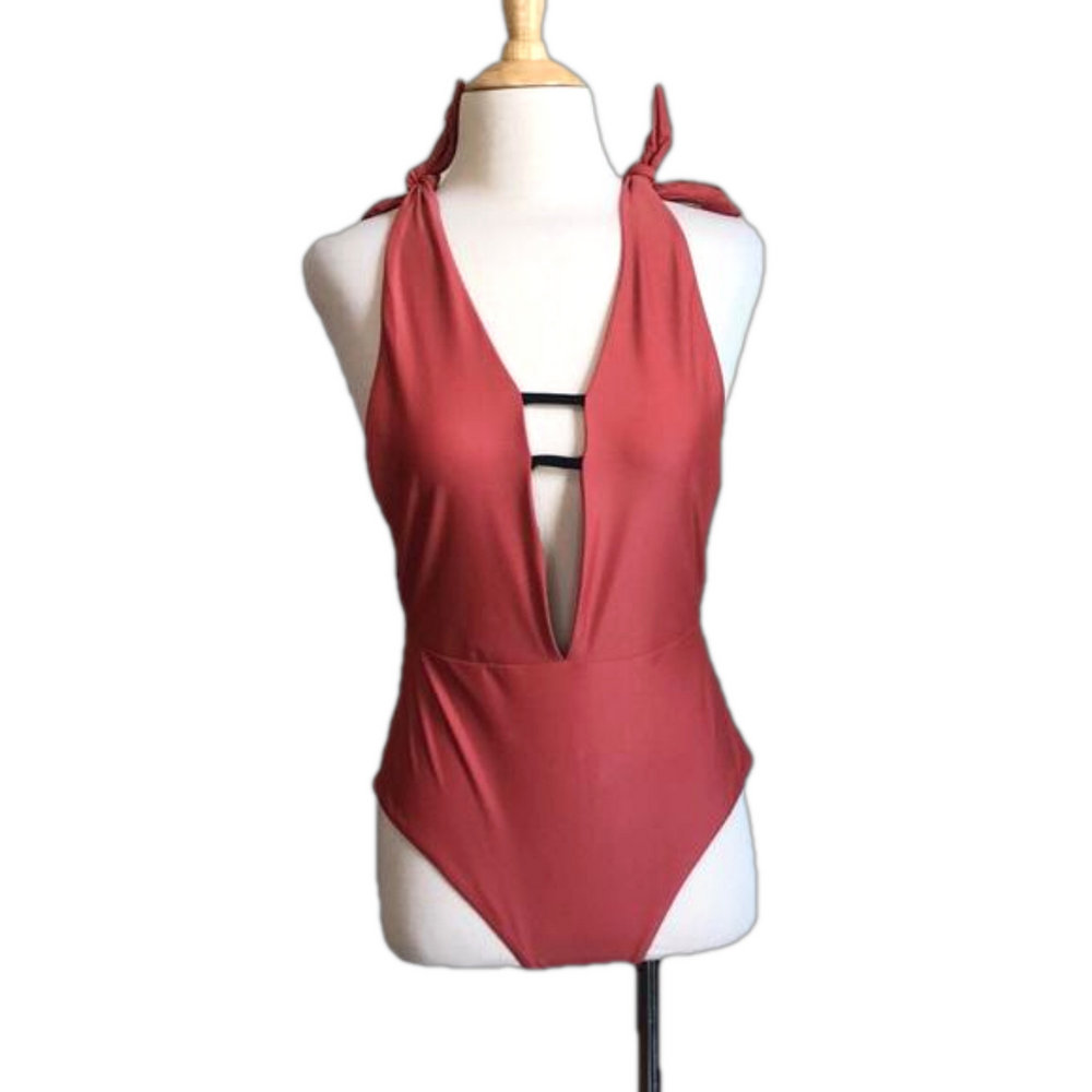 AERIE Dark Terracotta Plunge Neck High‎ Waist One Piece Swimsuit Women's Medium